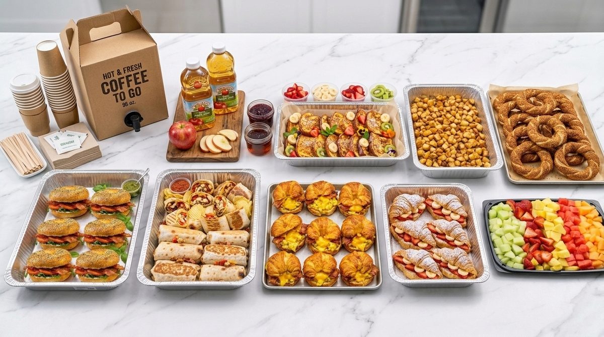 Breakfast catering spread from Mumu's Cafe: bagel sandwiches, wraps, croissants, French toast, fruit and coffee